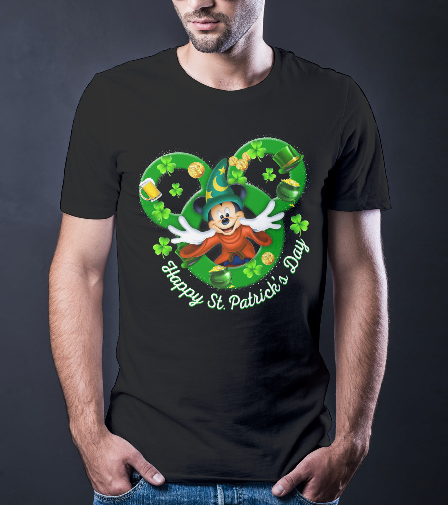Happy St. Patrick's Day Mickey Fantasia Magic Hat Clover Coins T-Shirt