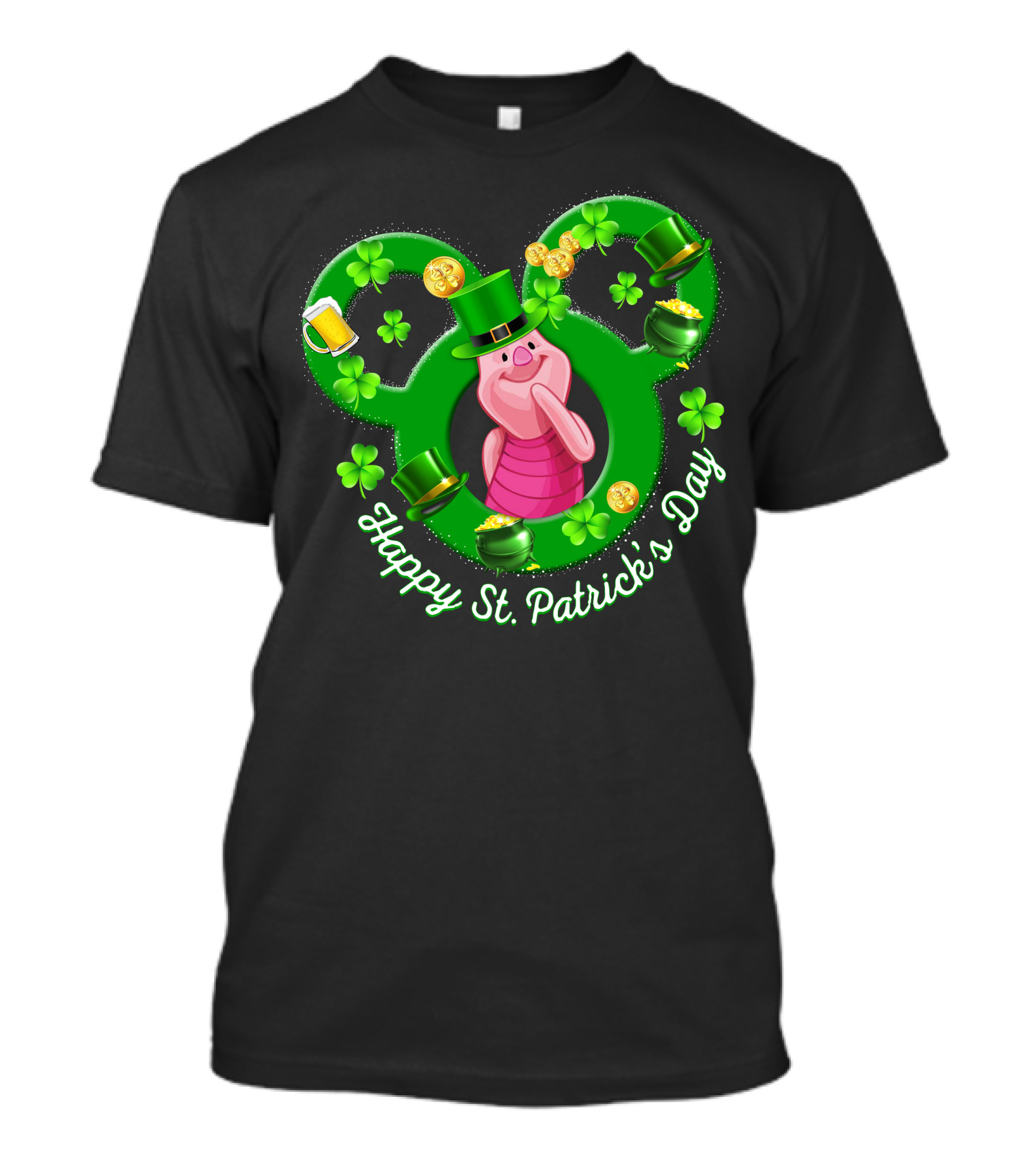 Piglet Happy St. Patrick’s Day Mickey Ears Shamrocks Coins Hat T-Shirt