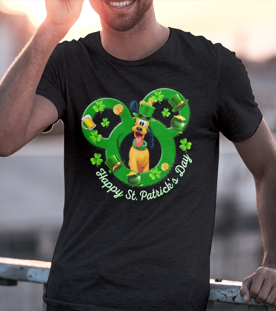 Happy St. Patrick's Day Pluto Mickey Ears Shamrocks Gold Coins T-Shirt