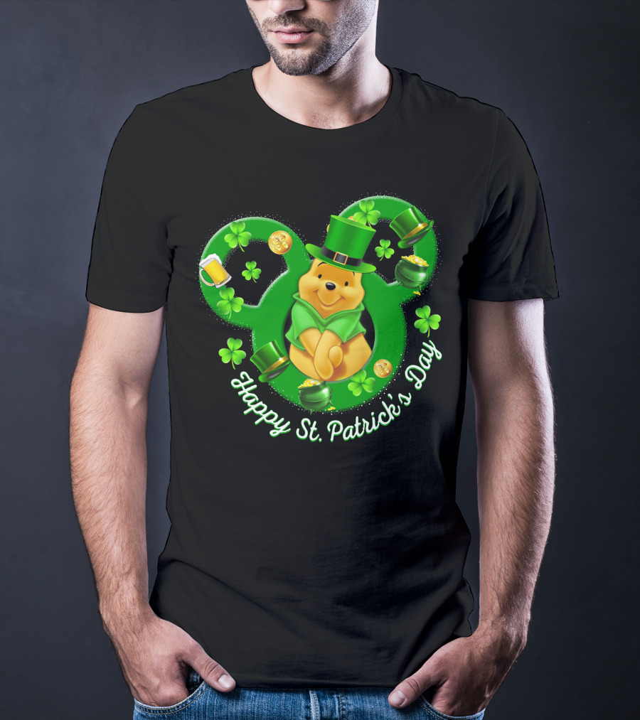 Happy St. Patrick's Day Pooh Bear With Leprechaun Hat And Shamrocks T-Shirt