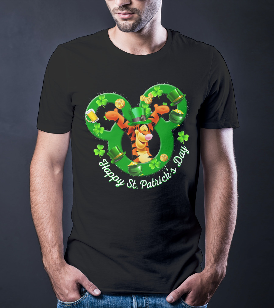 Tigger Happy St. Patrick's Day Mickey Ears Clover And Gold Coins T-Shirt
