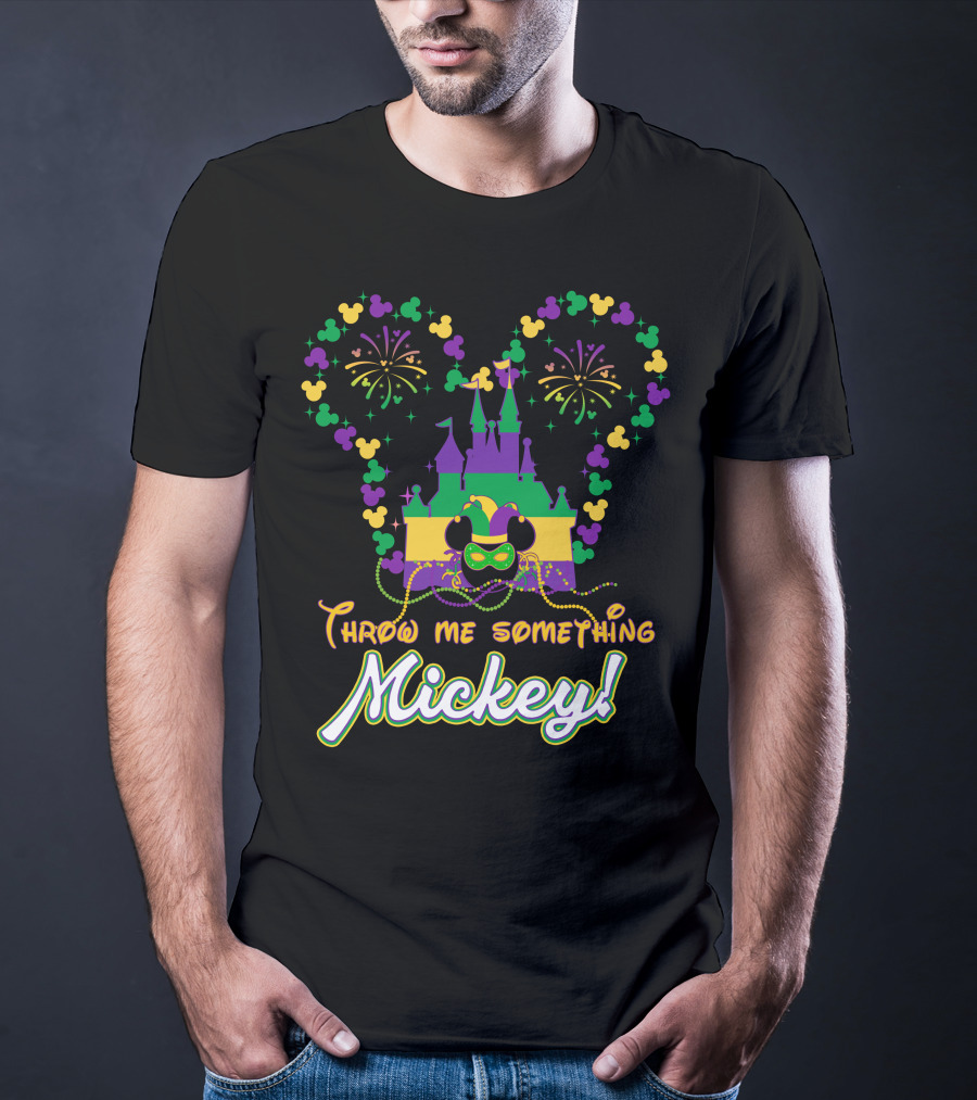 Throw Me Something Mickey Mardi Gras Castle Fireworks Beads T-Shirt