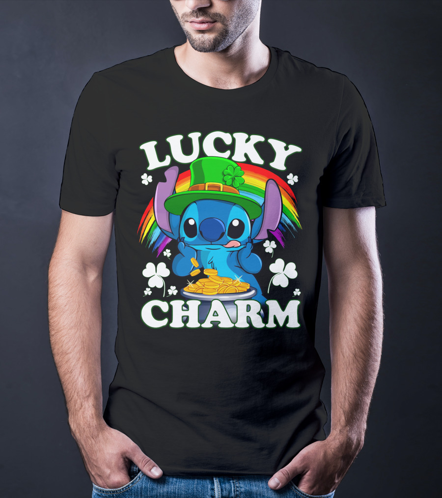 Stitch Lucky Charm Leprechaun Rainbow And Gold Coins T-Shirt