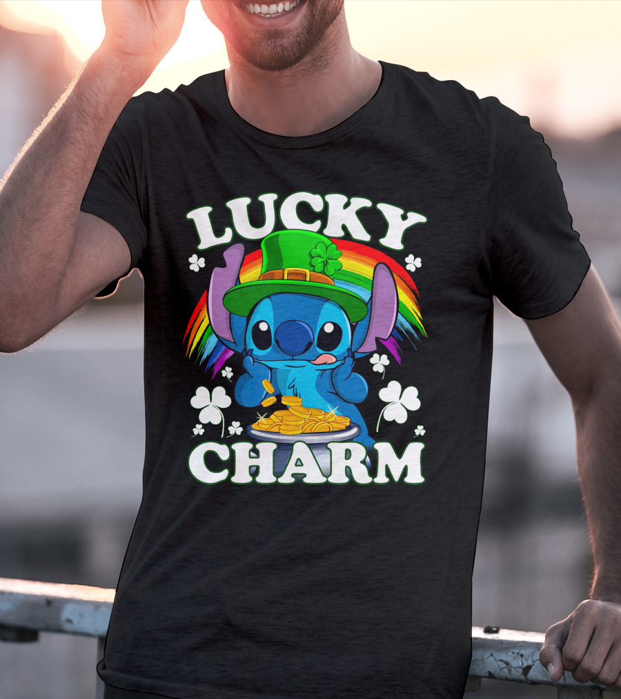 Stitch Lucky Charm Leprechaun Rainbow And Gold Coins T-Shirt