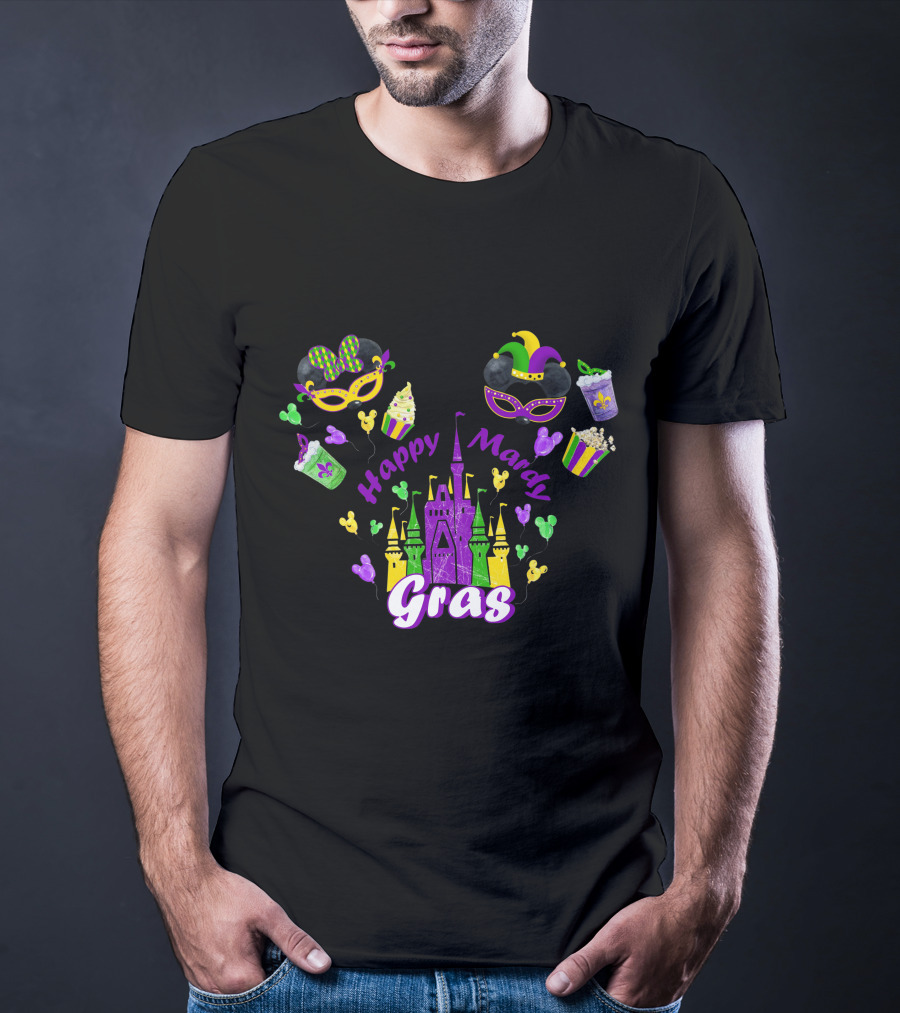 Happy Mardi Gras Castle Celebration With Mask And Snack Icons T-Shirt