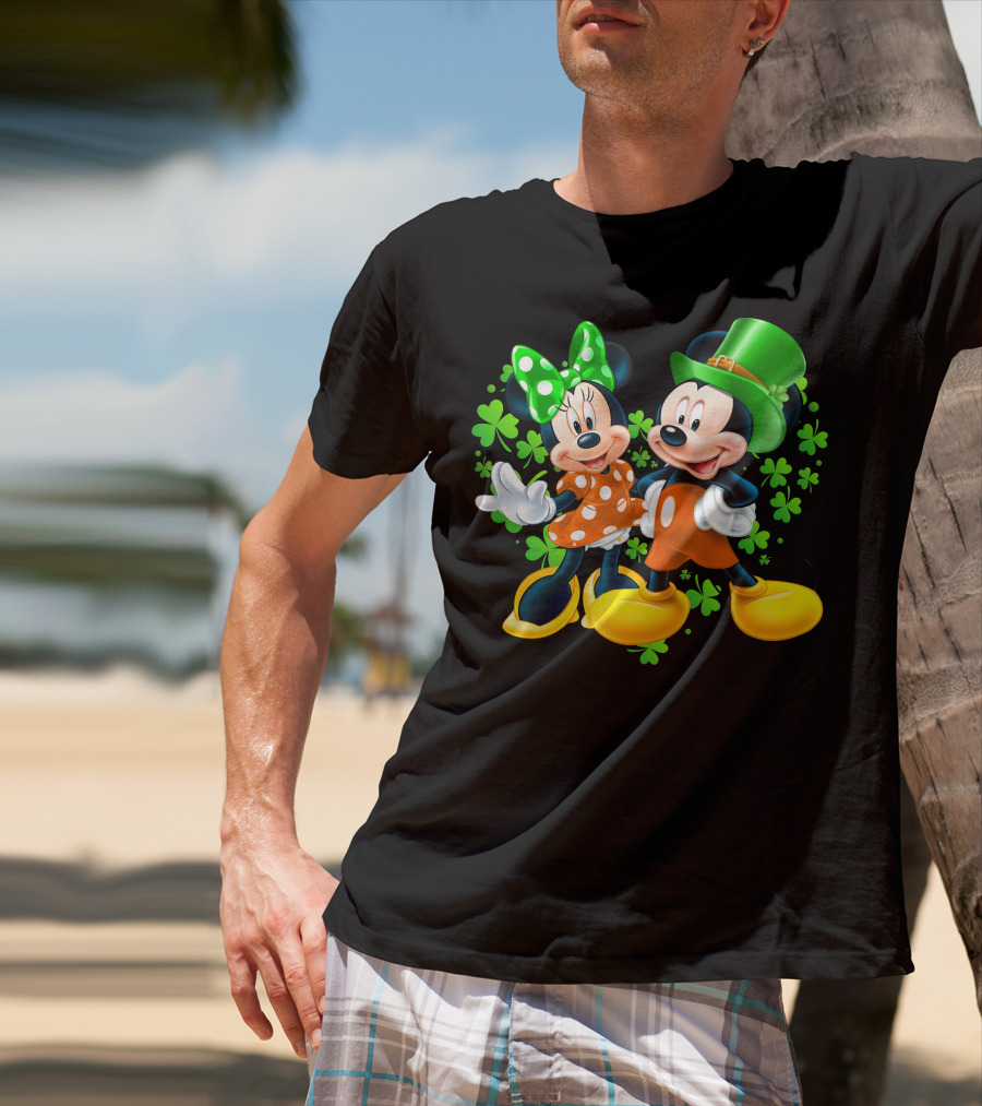 Mickey And Minnie With Shamrocks In Green And Orange Outfits T-Shirt
