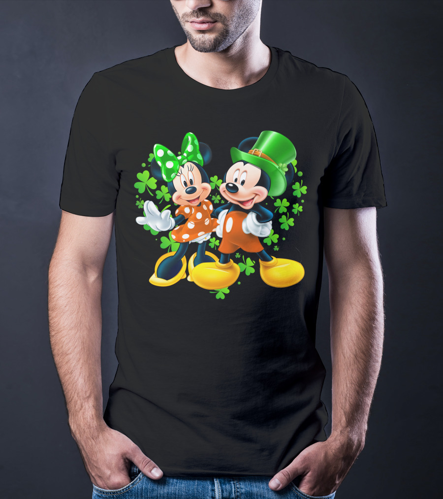 Mickey And Minnie With Shamrocks In Green And Orange Outfits T-Shirt