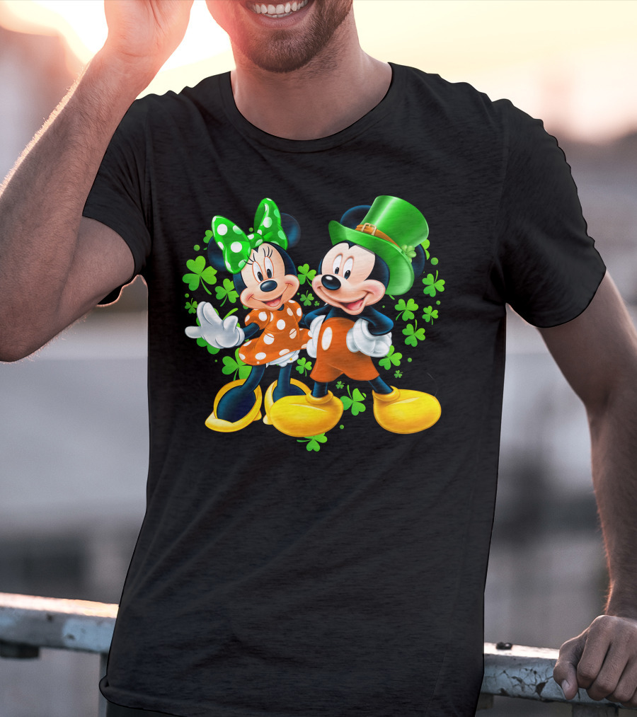 Mickey And Minnie With Shamrocks In Green And Orange Outfits T-Shirt