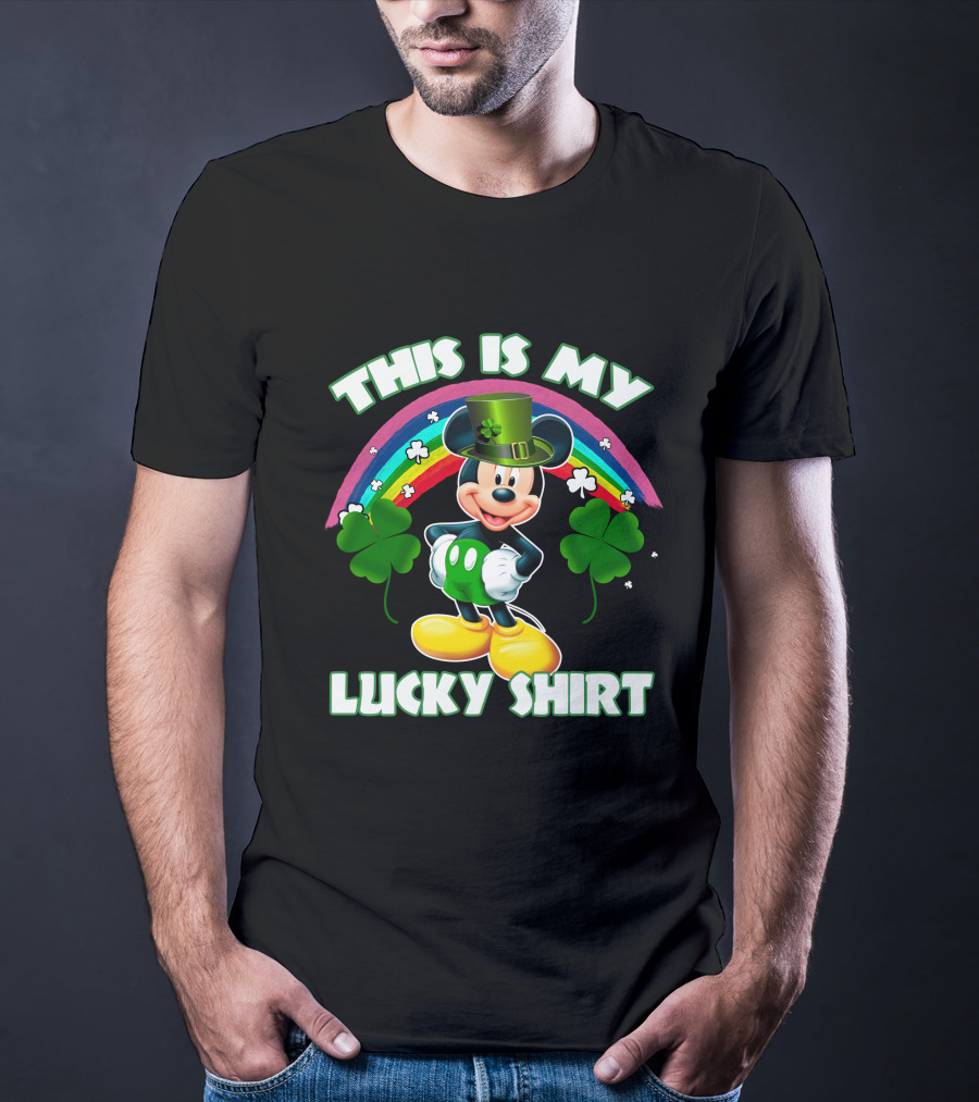 This Is My Lucky Shirt Mickey Mouse Rainbow Four-Leaf Clover T-Shirt