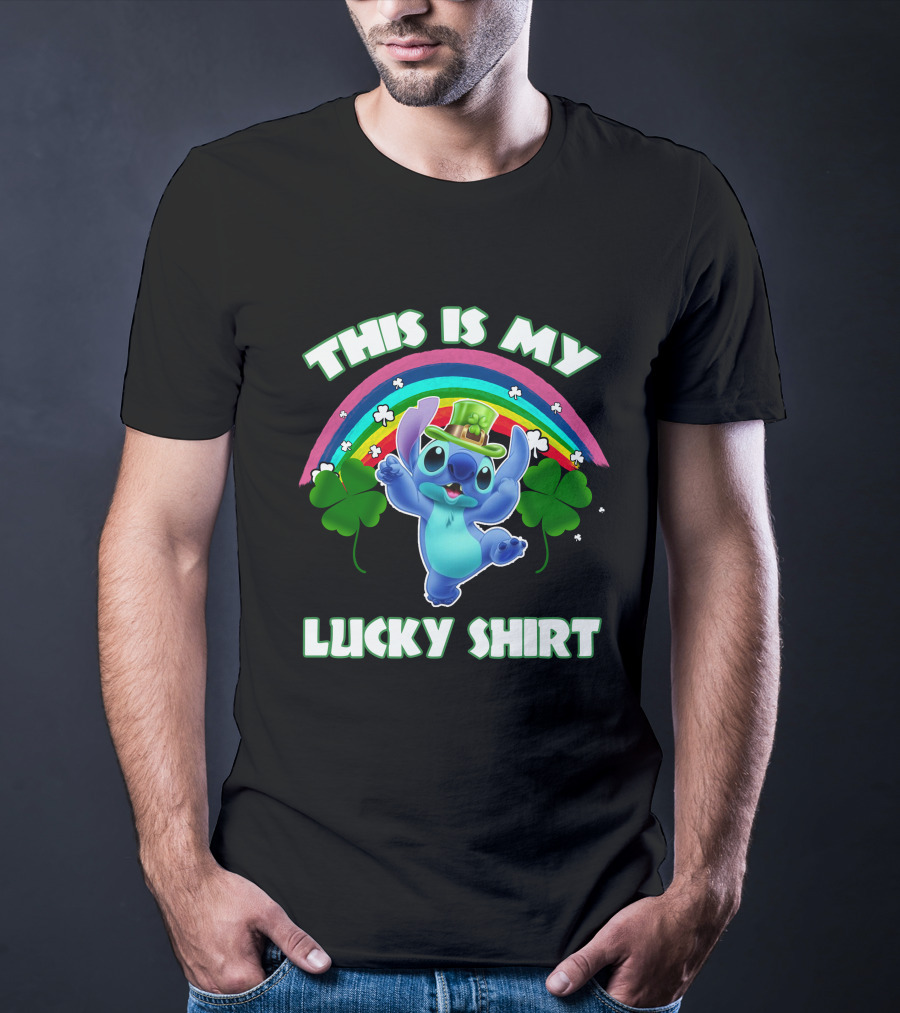 This Is My Lucky Shirt Stitch Leprechaun Clover Rainbow T-Shirt