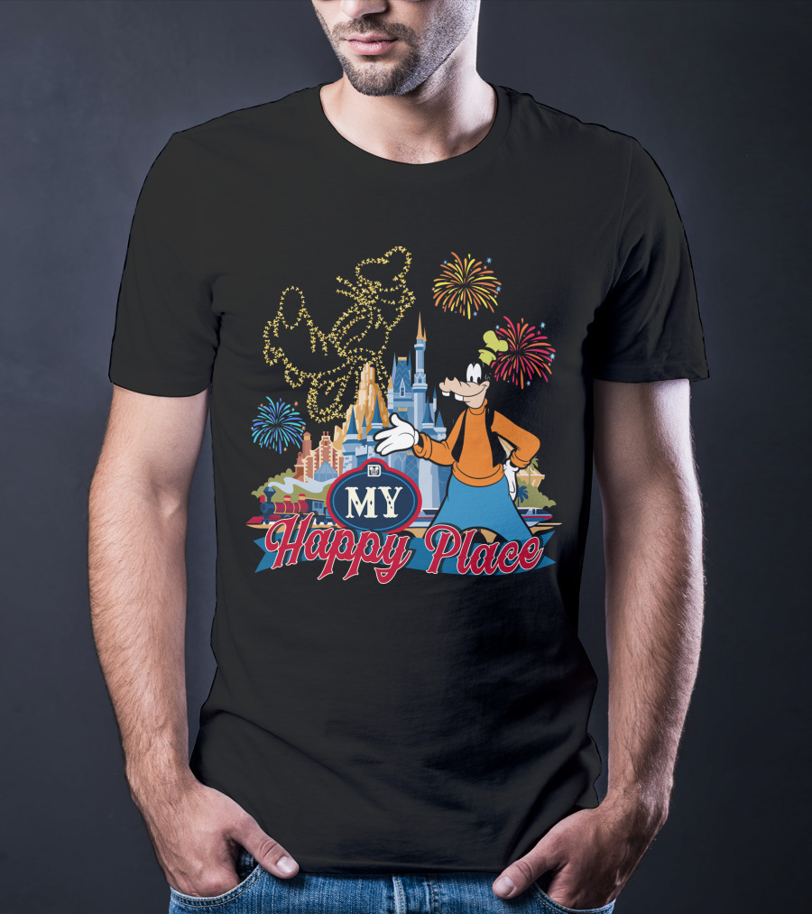 Goofy My Happy Place Fireworks Castle T-Shirt