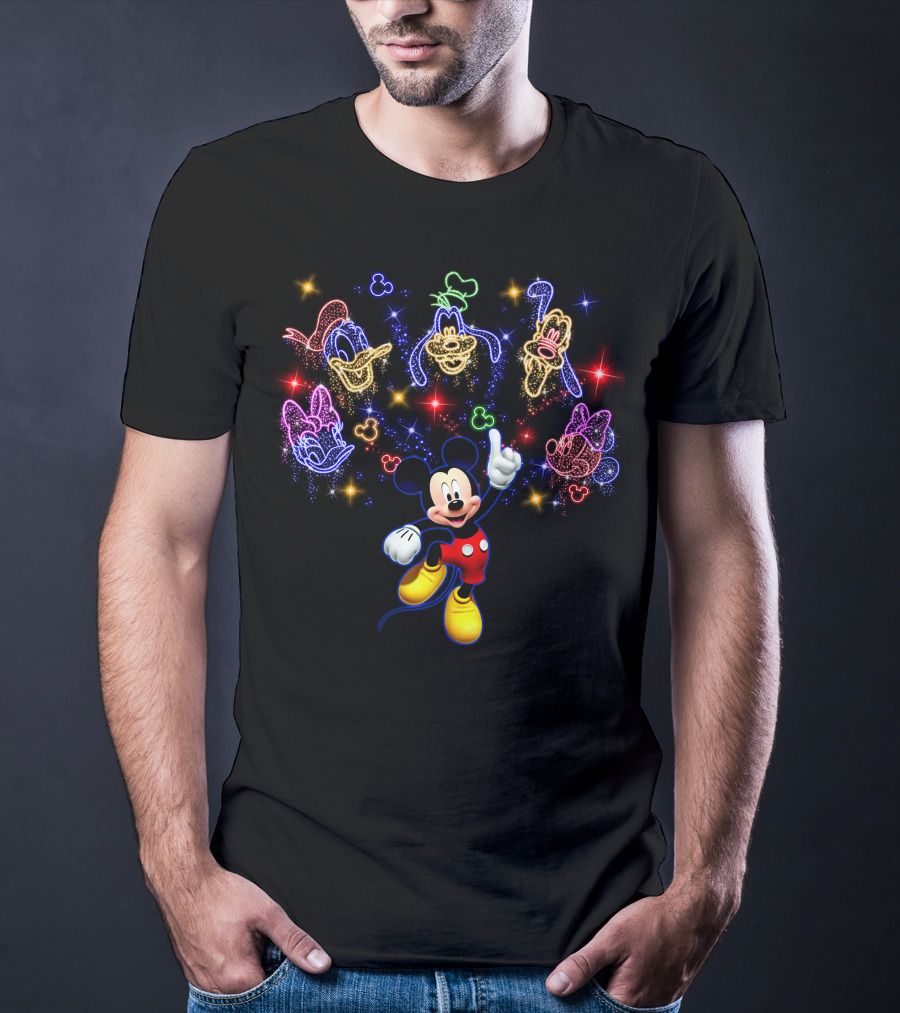 Mickey Neon Disney Friends Stars Donald Goofy Pluto Daisy Minnie T-Shirt