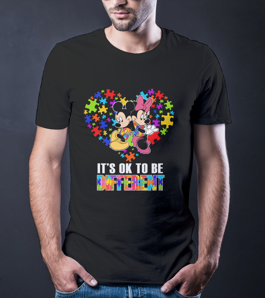 Mickey Minnie It's Ok To Be Different Puzzle Pieces Heart T-Shirt