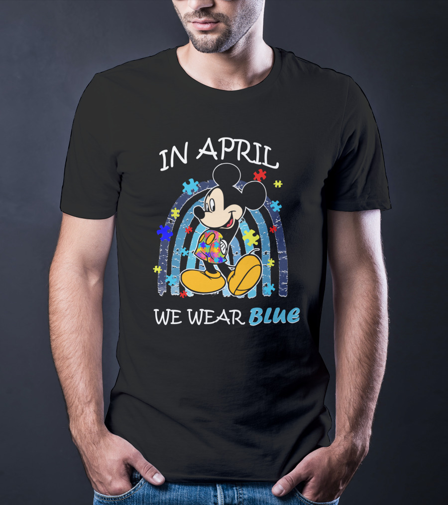 In April We Wear Blue Mickey Puzzle Autism Awareness T-Shirt