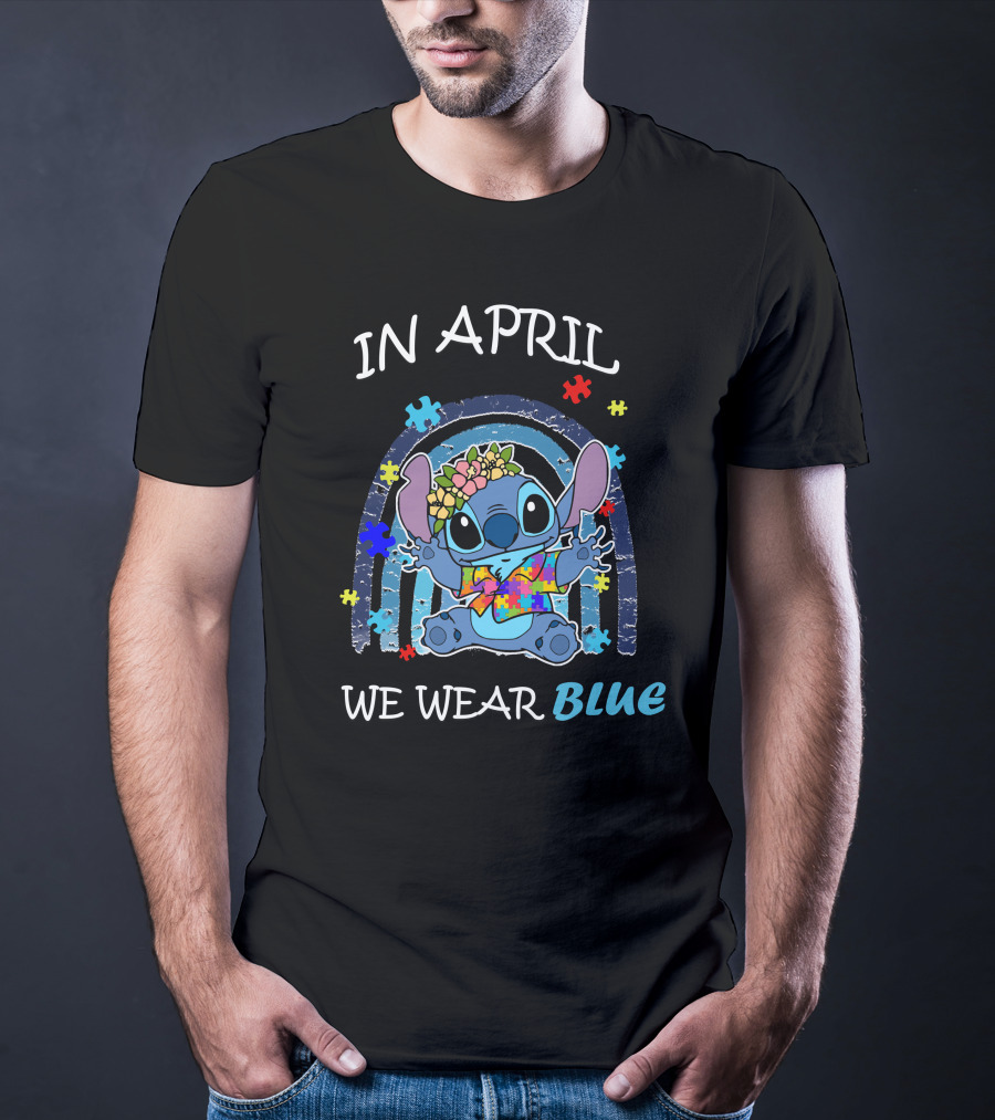 In April We Wear Blue Stitch Puzzle Rainbow T-Shirt