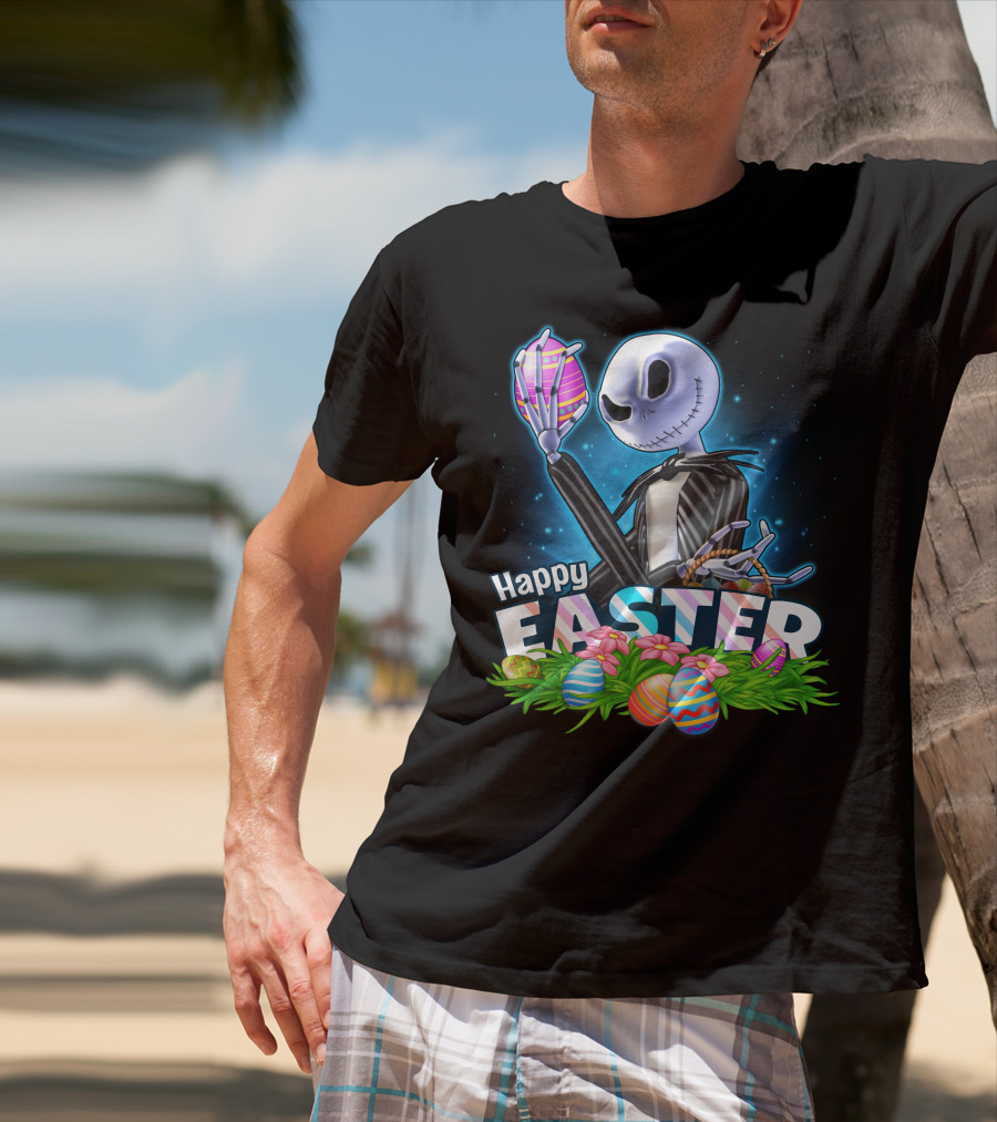 JACK SKELLINGTON Happy Easter With Colorful Eggs And Flowers T-Shirt