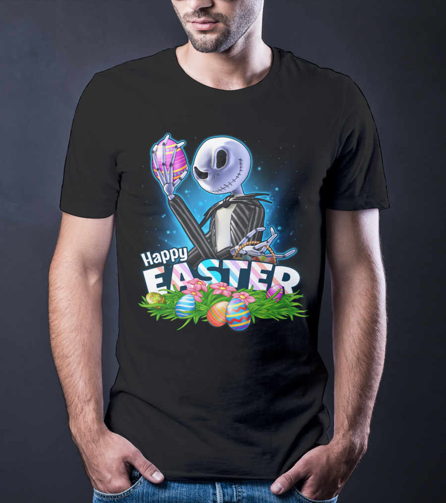 JACK SKELLINGTON Happy Easter With Colorful Eggs And Flowers T-Shirt