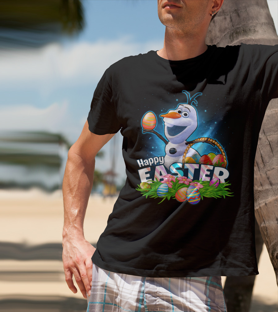Happy Easter Olaf With Colorful Eggs And Basket T-Shirt