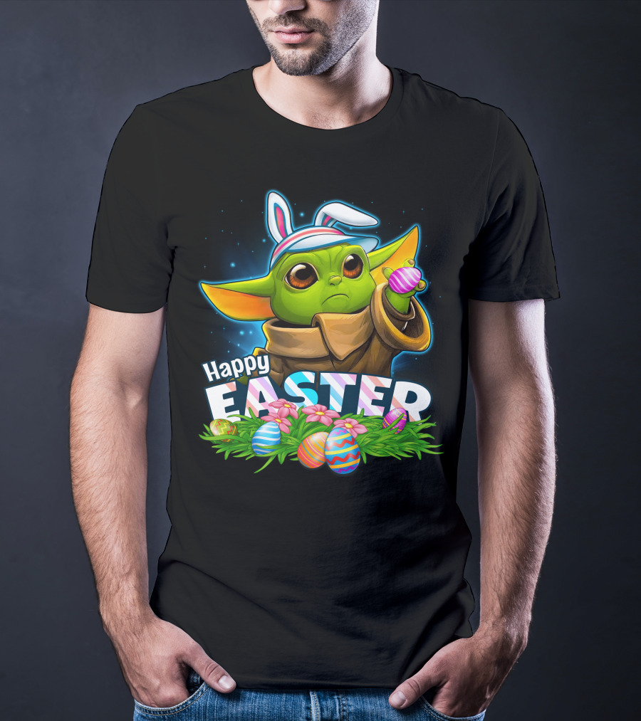 Happy Easter Yoda Baby With Bunny Ears And Colorful Eggs T-Shirt
