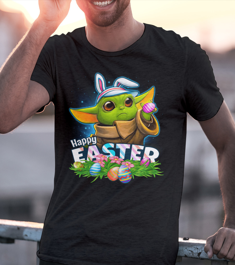 Happy Easter Yoda Baby With Bunny Ears And Colorful Eggs T-Shirt
