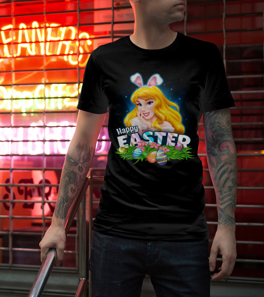 Happy Easter Aurora Bunny Ears With Colorful Eggs And Flowers T-Shirt