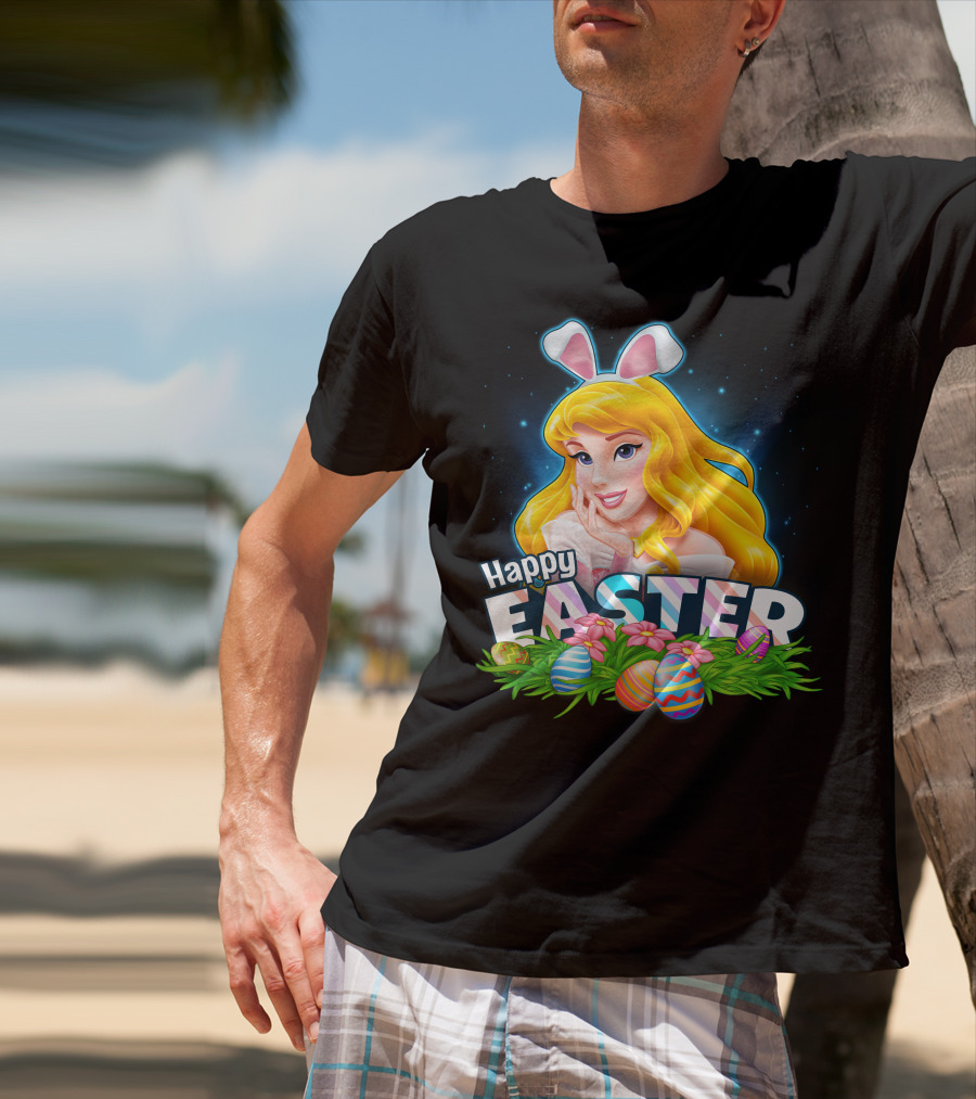 Happy Easter Aurora Bunny Ears With Colorful Eggs And Flowers T-Shirt
