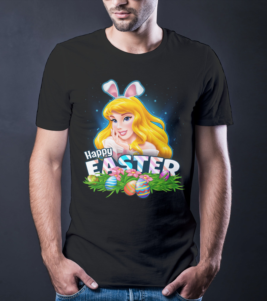 Happy Easter Aurora Bunny Ears With Colorful Eggs And Flowers T-Shirt