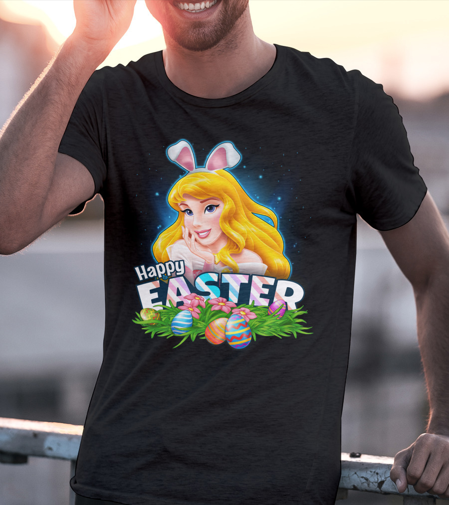 Happy Easter Aurora Bunny Ears With Colorful Eggs And Flowers T-Shirt