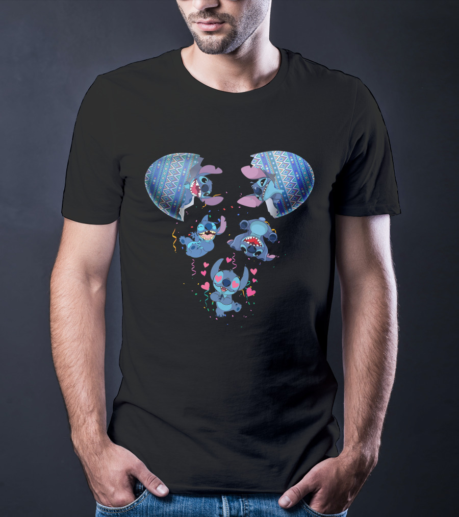 Stitch Erupting From Ornate Eggshell With Playful Expressions And Heart Confetti T-Shirt