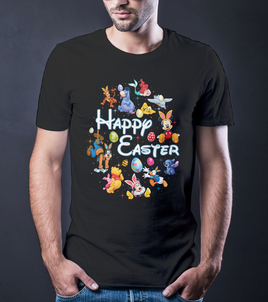 Happy Easter Disney Characters Mickey Minnie Pooh Stitch Dumbo Ariel Tigger Goofy Eeyore Eggs T-Shirt