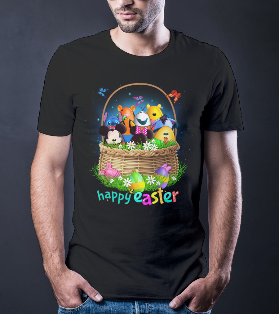 Happy Easter Basket With Colorful Eggs And Characters T-Shirt