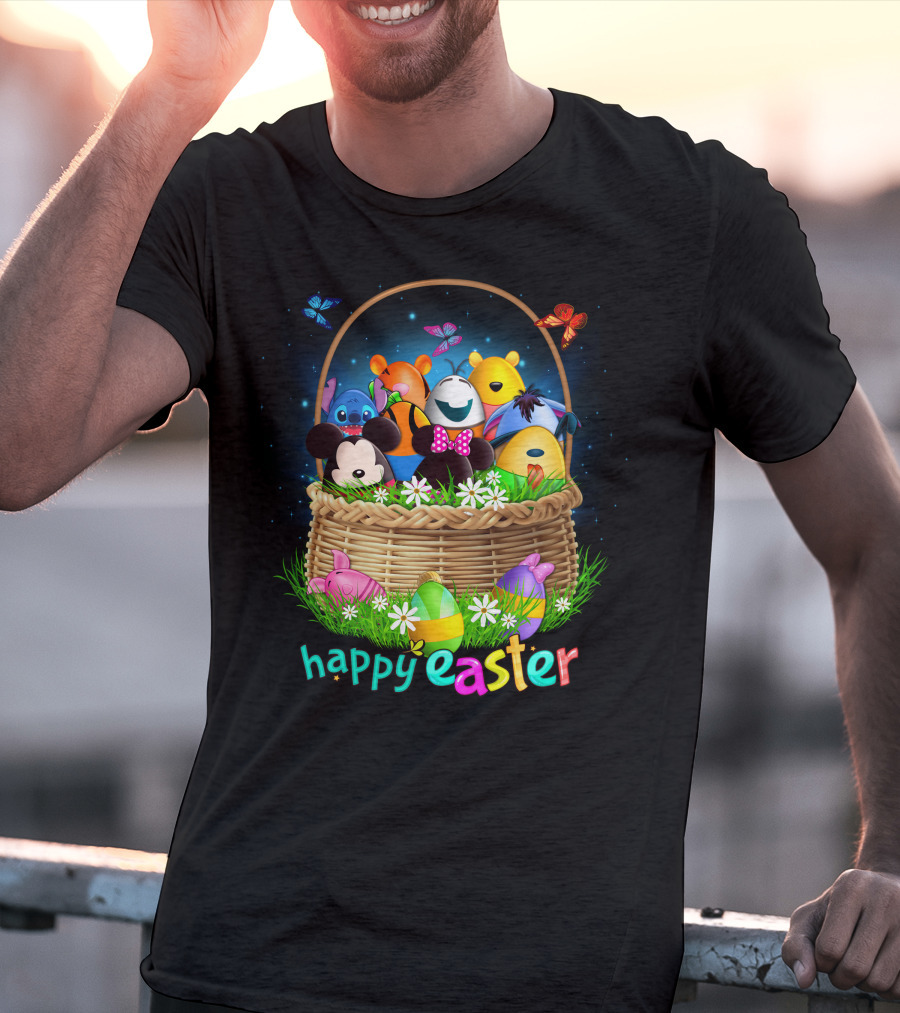 Happy Easter Basket With Colorful Eggs And Characters T-Shirt