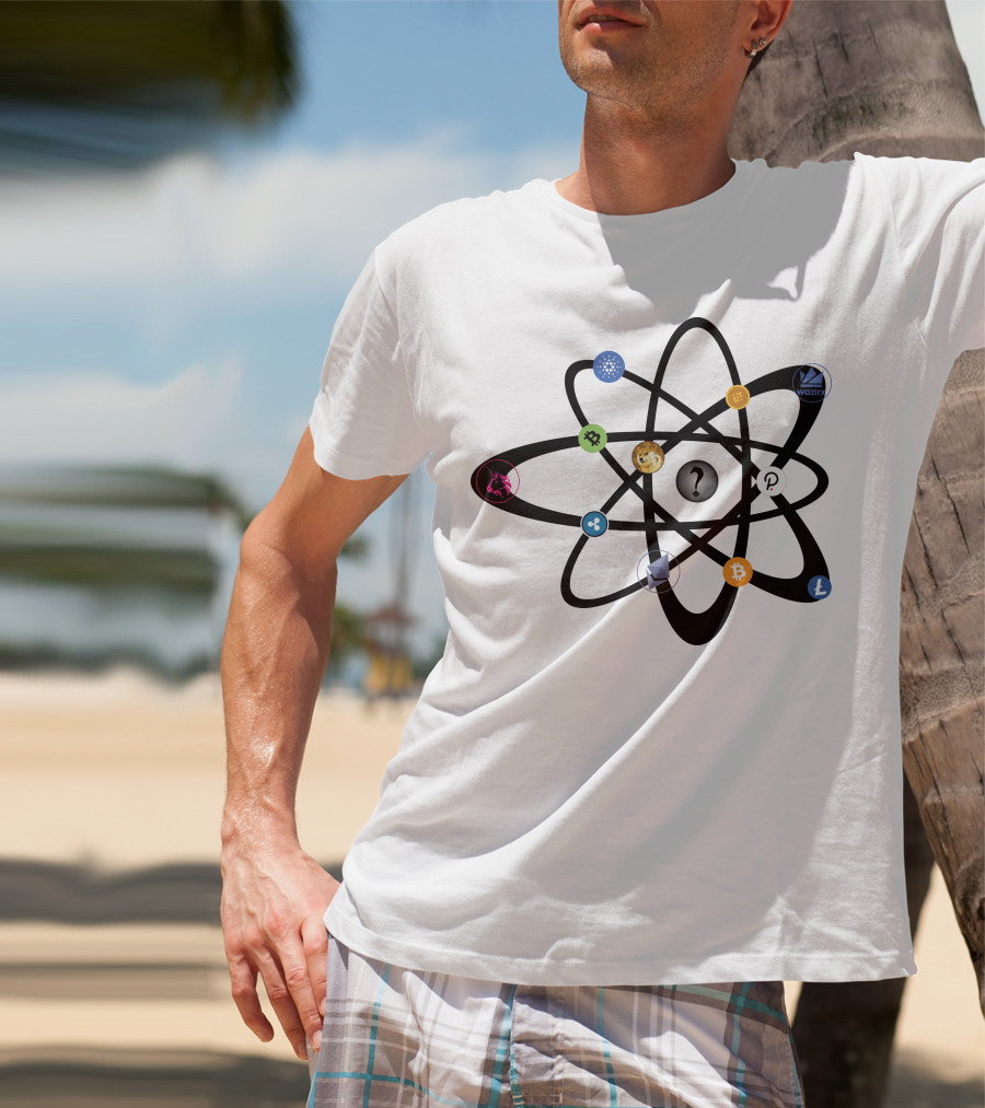 Uniswap Cardano Binance Coin WazirX Polkadot XRP Dogecoin Ethereum Bitcoin Litecoin Cryptocurrency Icons Atom Structure T-Shirt