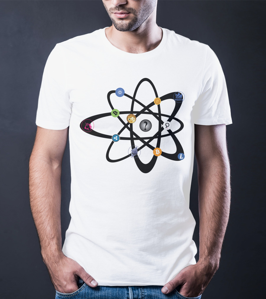 Uniswap Cardano Binance Coin WazirX Polkadot XRP Dogecoin Ethereum Bitcoin Litecoin Cryptocurrency Icons Atom Structure T-Shirt