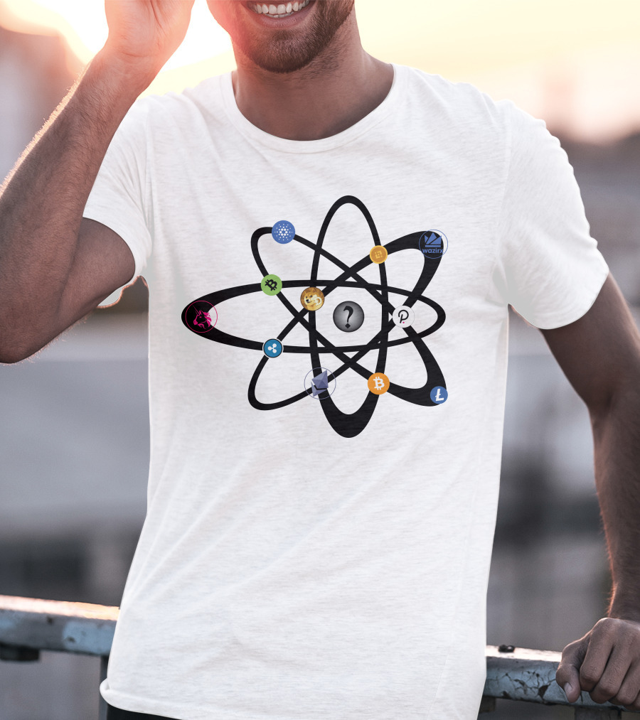 Uniswap Cardano Binance Coin WazirX Polkadot XRP Dogecoin Ethereum Bitcoin Litecoin Cryptocurrency Icons Atom Structure T-Shirt