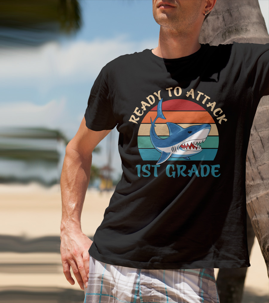 Ready To Attack 1st Grade Shark Retro Stripes T-Shirt