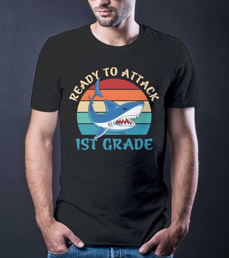 Ready To Attack 1st Grade Shark Retro Stripes T-Shirt