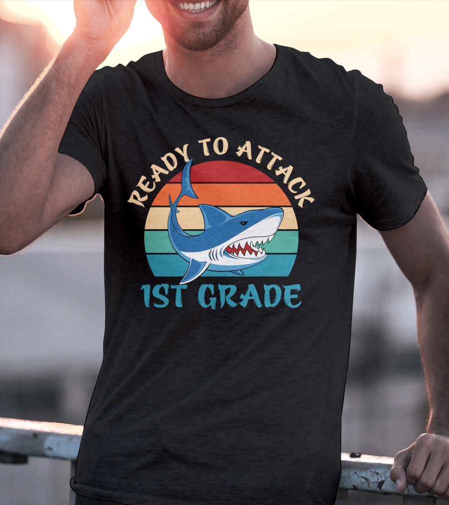 Ready To Attack 1st Grade Shark Retro Stripes T-Shirt