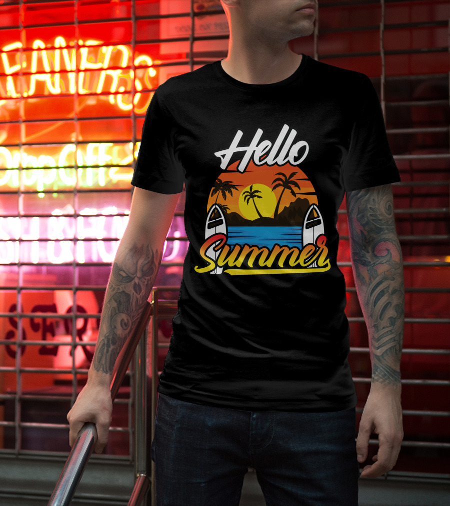 Hello Summer Sunset Surfing Beach Scene T-Shirt