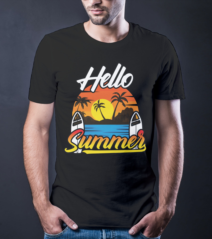 Hello Summer Sunset Surfing Beach Scene T-Shirt
