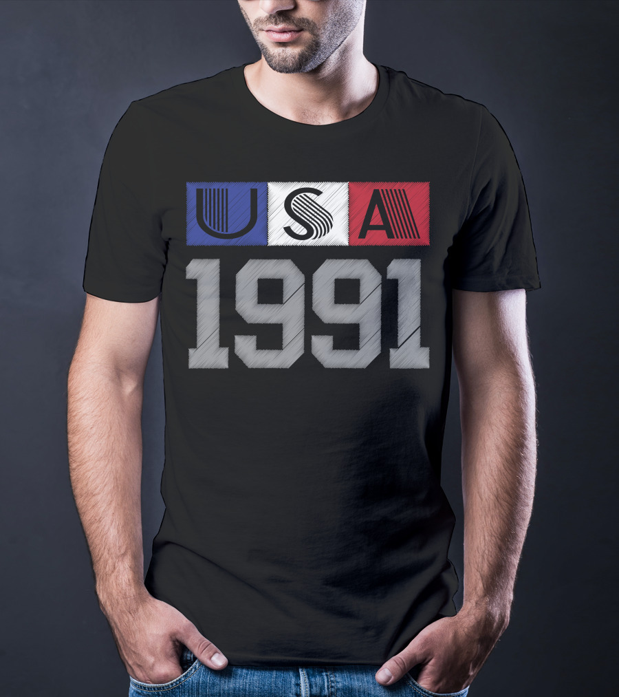 USA 1991 Vintage Graphic Blue White Red Stripes T-Shirt