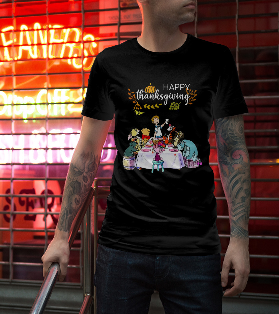 Winnie The Pooh Happy Thanksgiving Celebration With Friends At Dining Table T-Shirt