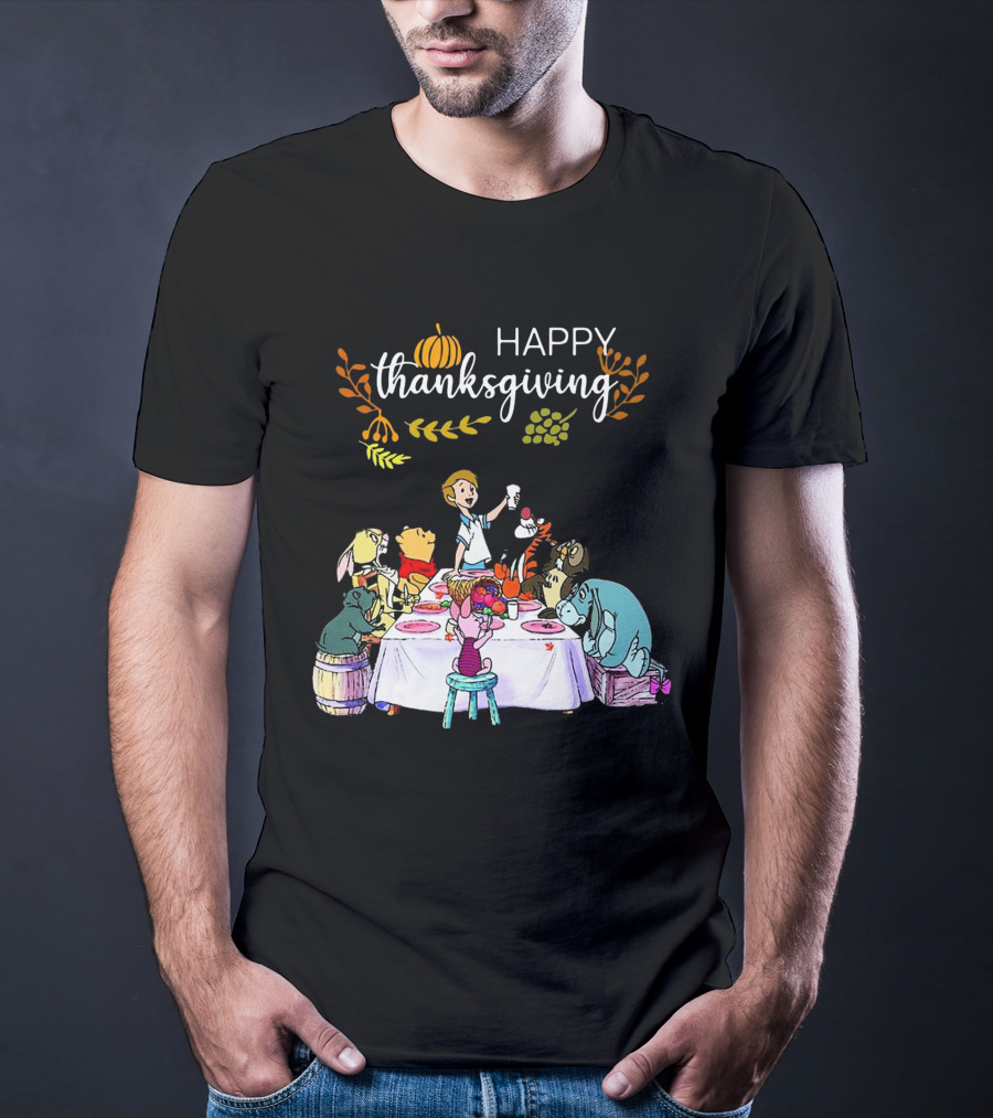 Winnie The Pooh Happy Thanksgiving Celebration With Friends At Dining Table T-Shirt