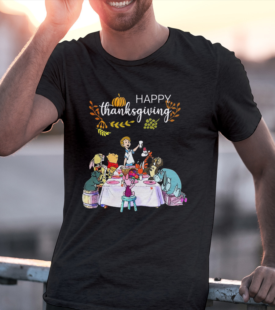 Winnie The Pooh Happy Thanksgiving Celebration With Friends At Dining Table T-Shirt