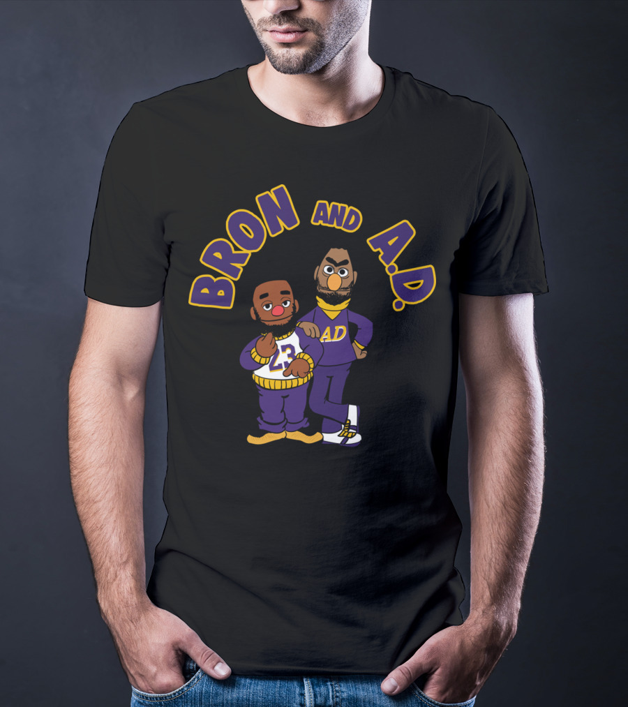 Bron And A.D. Cartoon Characters In Purple And Gold Outfits T-Shirt