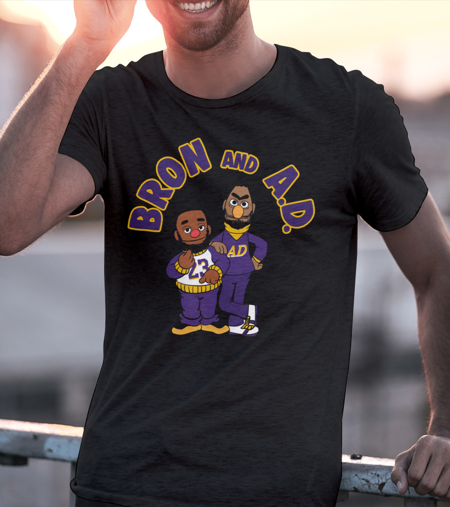 Bron And A.D. Cartoon Characters In Purple And Gold Outfits T-Shirt