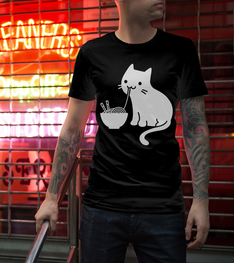 Chat Mignon Manger Ramen Essentiel Blanc Noir T-Shirt
