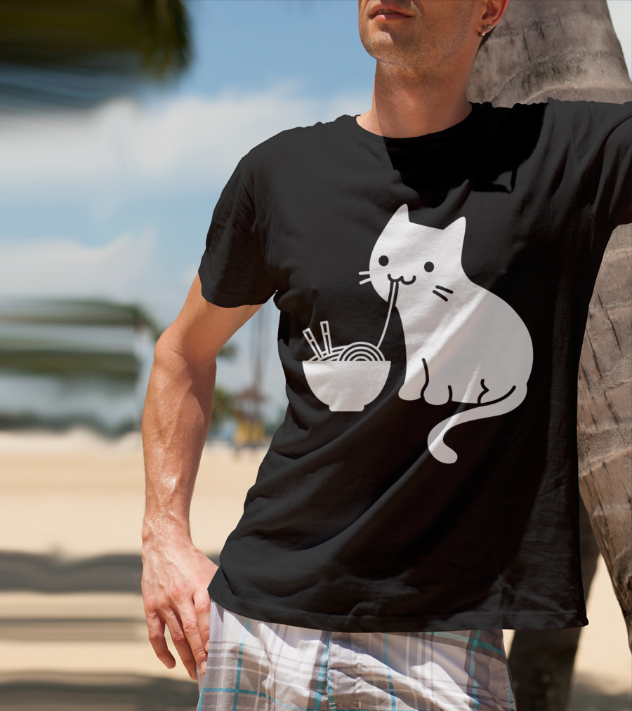 Chat Mignon Manger Ramen Essentiel Blanc Noir T-Shirt