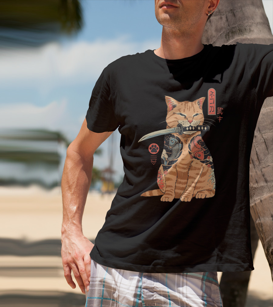 Catana Classique Samurai Cat Kanji Tattoo Koi Fish Katana T-Shirt