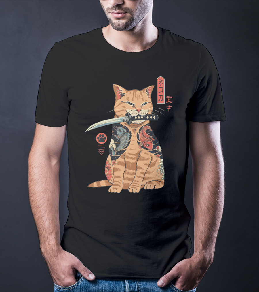 Catana Classique Samurai Cat Kanji Tattoo Koi Fish Katana T-Shirt